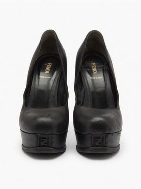 Fendi Black Leather Platform Pumps with FF Logo Heel
